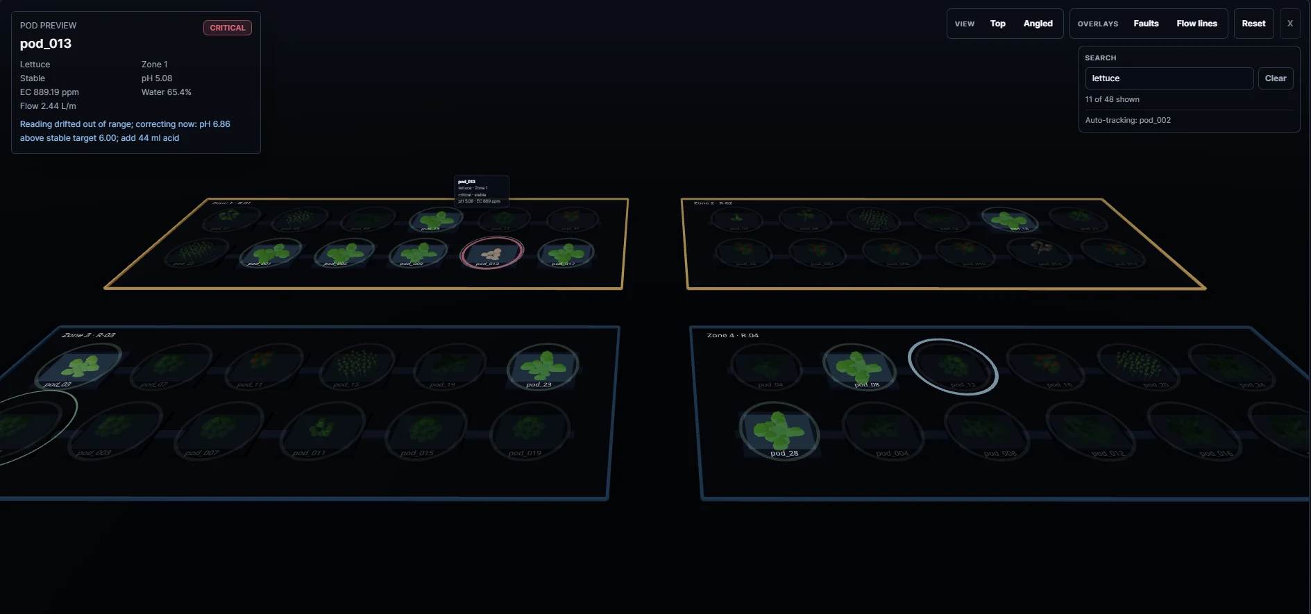 Three-dimensional farm view with rows of hydroponic pods