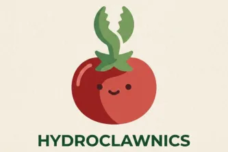 Hydroclawnics tomato mascot and wordmark