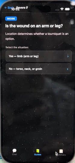 A follow-up question asking whether the wound is on an arm or leg