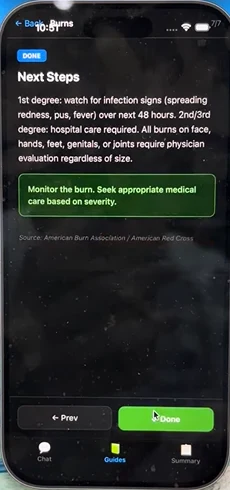 Prepared guidance screen with next-step and speech controls