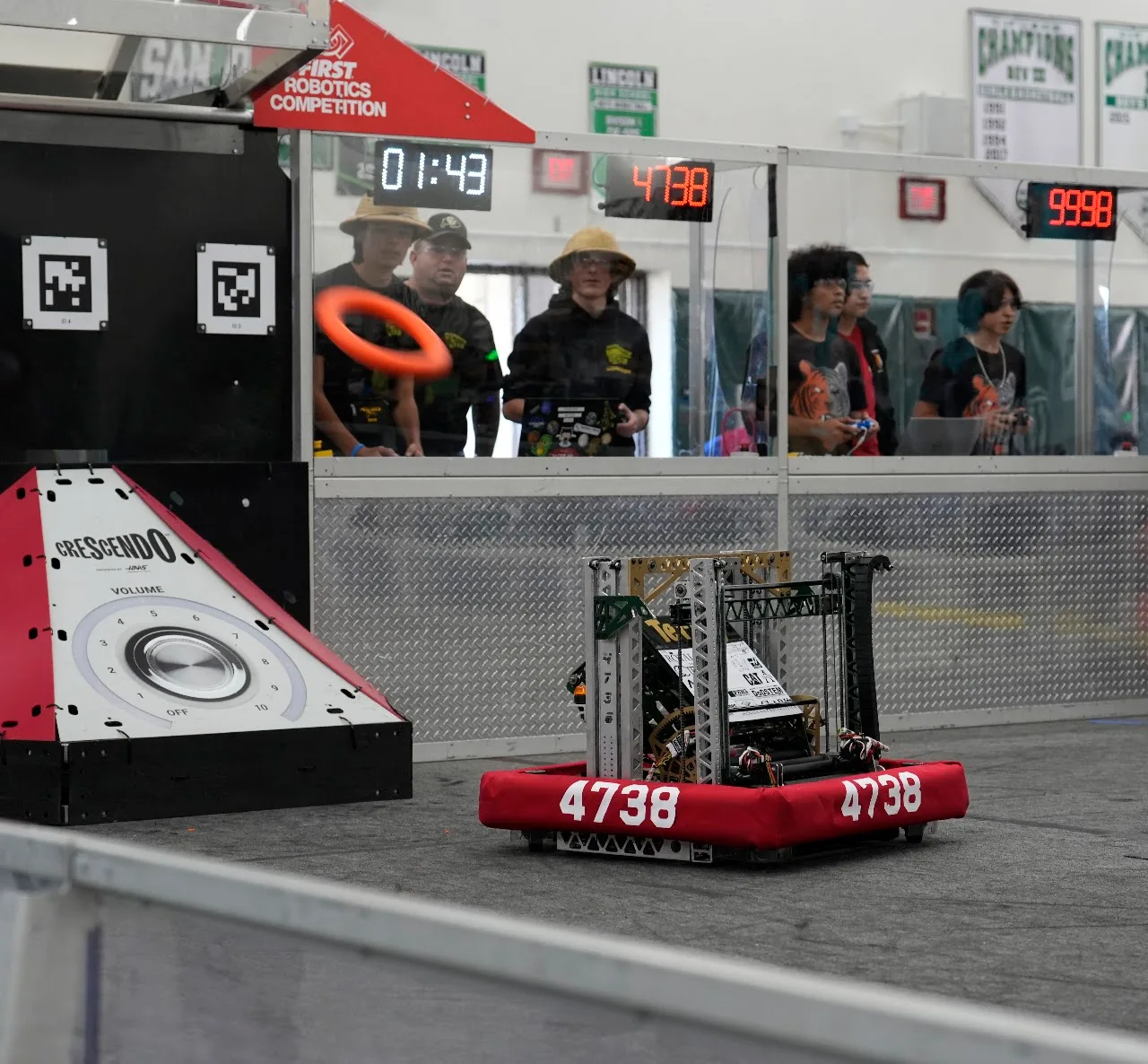 CAD render of Terry shooting a game piece toward the 2024 FRC speaker